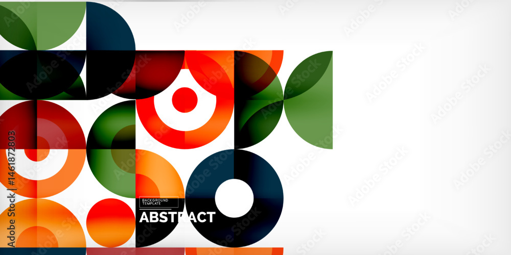 Aufkleber Geometric shapes overlap, creating vibrant abstract pattern. Circles, squares, rectangles dominate composition. Colors include orange, green, black, white.