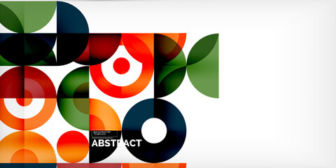 Geometric shapes overlap, creating vibrant abstract pattern. Circles, squares, rectangles dominate composition. Colors include orange, green, black, white.