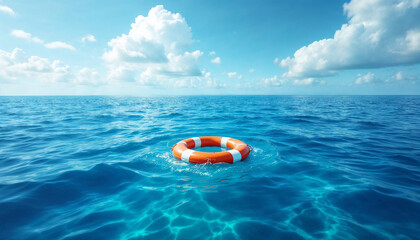 Orange life preserver floating in calm ocean under a soft, partly cloudy sky

