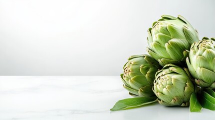 A fresh assortment of green artichokes arranged on a pristine white surface, highlighting their natural beauty, making it suitable for food photography and healthy eating inspirations.