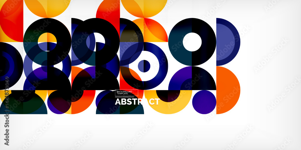 Poster Colorful overlapping circles create dynamic abstract composition. Bright hues contrast against dark background. Modern design element.
