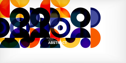 Colorful overlapping circles create dynamic abstract composition. Bright hues contrast against dark background. Modern design element.
