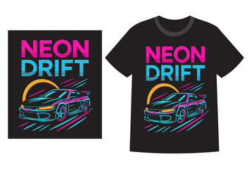 Retro Futuristic Car Design Vibrant Neon Drift Graphic for Streetwear. Synthwave Style Drift Car Illustration Neon 80s Car Graphic for Merch.