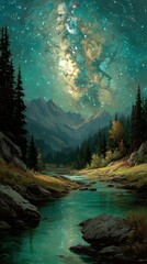 Majestic landscape with a river under a starry night sky in a serene mountain setting