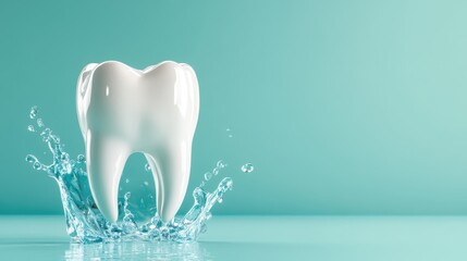 An eye-catching tooth illustration with a dynamic water splash background, representing positive energy and health, emphasizing the importance of dental hygiene creatively.