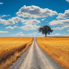 Fototapeta premium Golden Wheat Field with a Serene Country Road
