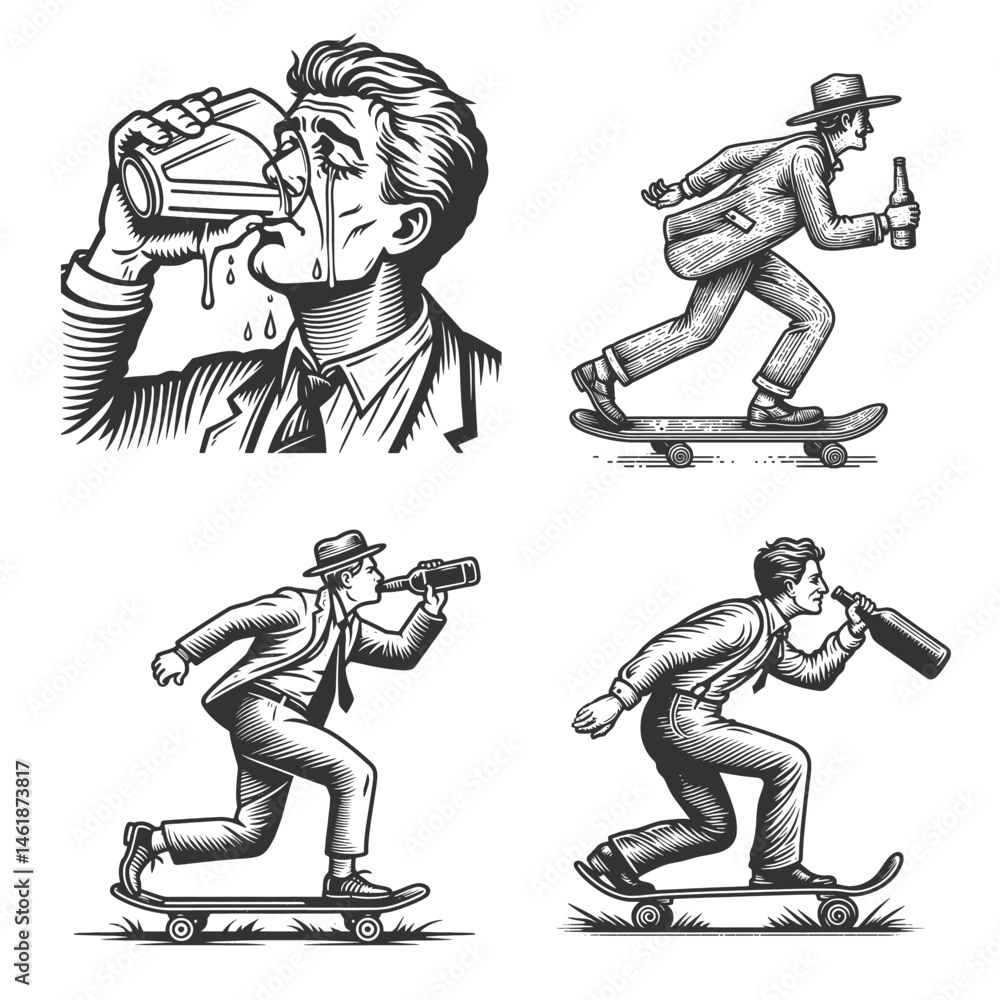 Poster men in suits skateboarding while drinking from bottles or glasses set collection bundle sketch engra