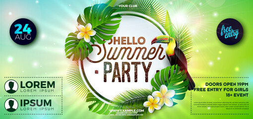 Summer Party Flyer Design with Flower, Tropical Palm Leaves and Toucan Bird on Natural Green Background. Vector Summer Beach Celebration Design Template with Floral Elements, Plants and Typography