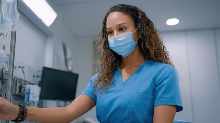 Nurse Adjusting IV in Hospital Room