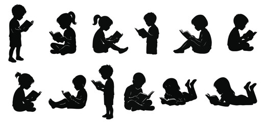 Children reading a book silhouette vector