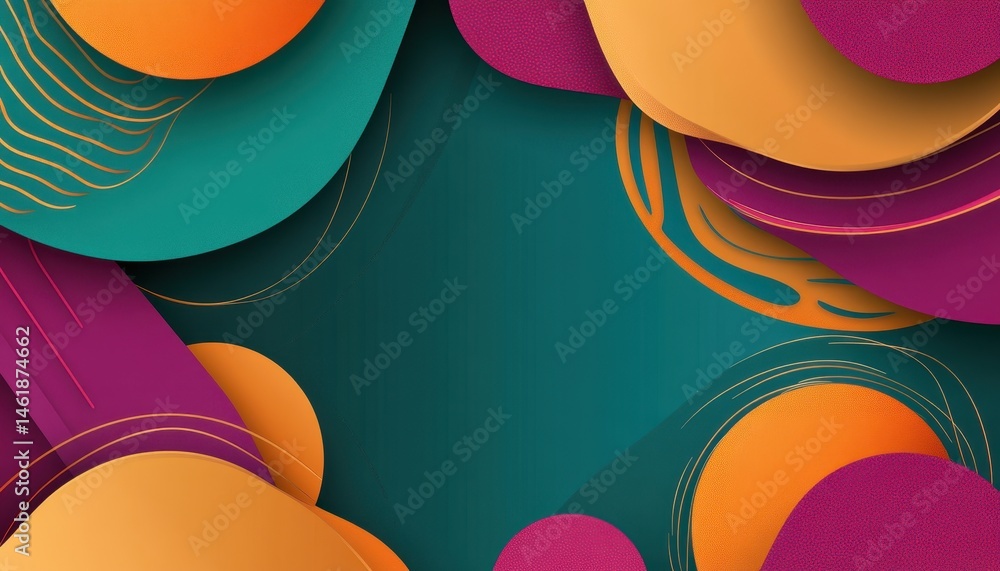 Poster Vibrant Abstract Background with Circular Shapes and Golden Accents in Teal Orange and Purple Tones Creating a Modern Decorative Design with Geometric Patterns