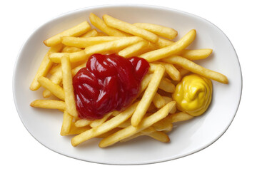 Delicious golden french fries with ketchup and mustard on transparent background