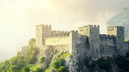 High clarity wide shot of ancient abandoned castle perched atop misty green hill early morning golden light mystical vivid mood