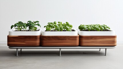 Fresh hydroponic basil and mint on elevated trays, balanced placement with white wall background, no clutter or excess details, futuristic farming tone