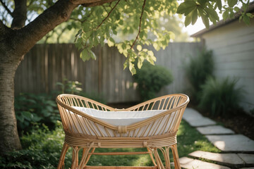 Obraz premium Serene Rattan Baby Bassinet in a Garden Setting