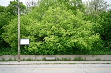 Empty urban park bench, blank billboard, vibrant green trees, and a grey sidewalk