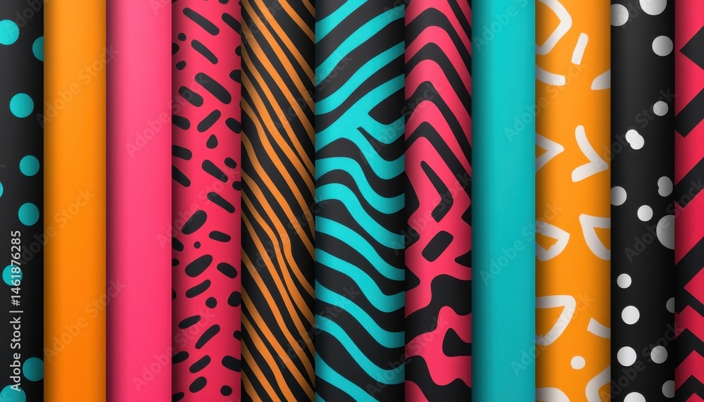 Poster Vibrant Seamless Patterns Featuring Abstract Shapes and Bold Colors a Decorative Repeat Backdrop with Geometric and Organic Elements for Modern Textile Design and Creative Surface Print
