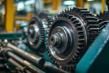 Close-up of industrial metal gears inside a mechanical machine in a factory setting, highlighting engineering precision and industrial strength