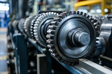 Fototapeta premium Close-up of industrial metal gears inside a mechanical machine in a factory setting, highlighting engineering precision and industrial strength