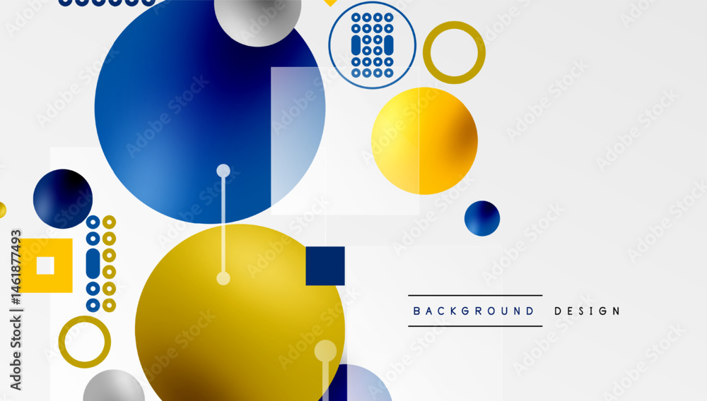 Poster abstract geometric shapes overlap. blue, yellow, gray tones create modern design. circles, squares, 