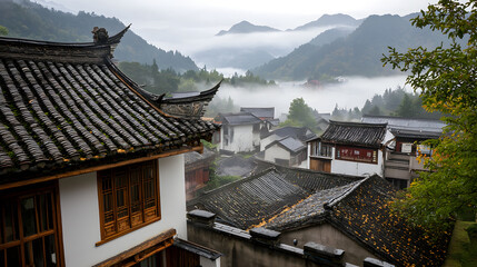 Naklejka premium A Peaceful Village Surrounded By Misty Mountains The R C4eee27c 3a36 480b A619 2333e9430c27 3