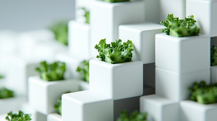Vertical farm in white minimalistic lab environment, rows of kale growing in structured shelves, centered composition with surrounding negative space