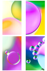 Abstract macro photographs of floating oil droplets with vibrant gradients in pink, yellow, green, and purple hues. Ideal for modern design, science visuals, and creative backgrounds