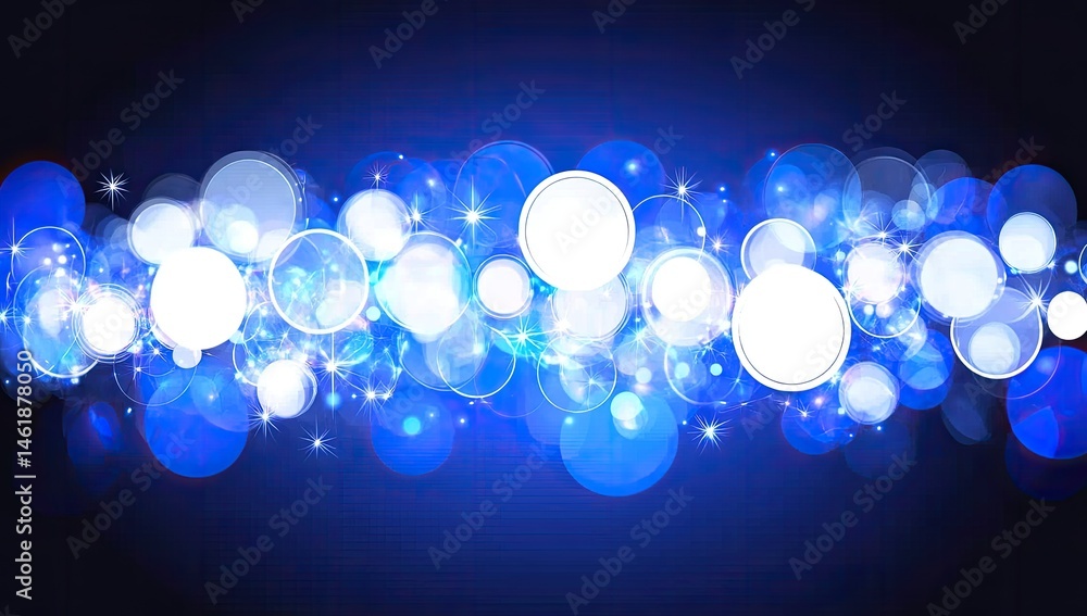 Poster abstract blue and white light bokeh background. a horizontal band of circles and sparkles against a 