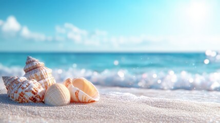 This image showcases a serene beach with various seashells resting on soft, golden sand, illustrating the tranquility and beauty of nature by the ocean.