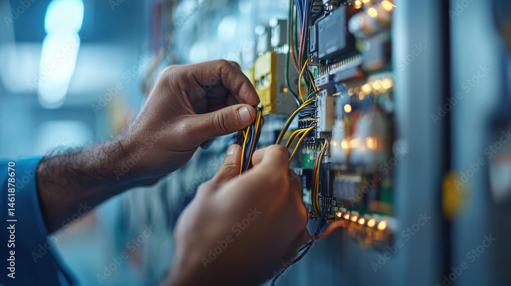 Poster hands connecting wires in illuminated circuit panel, showcasing precision and focus in electrical wo