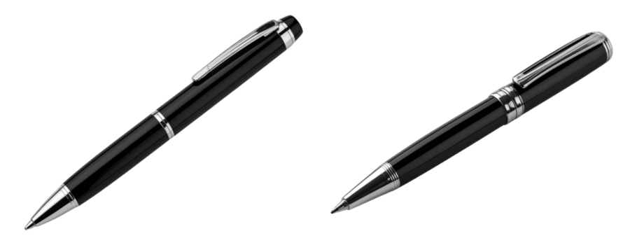  black ballpoint pen with silver accents, isolated on a transparent background
