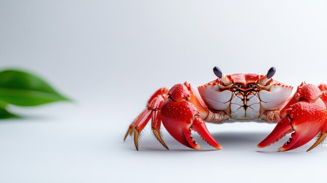 This captivating crab image features a lively pose complemented by fresh green leaves, emphasizing the harmony between nature and this unique marine creature's forms.