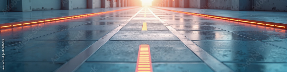 Poster perfectly parallel loading lanes marked by glowing lines on a concrete surface, symbolizing directio
