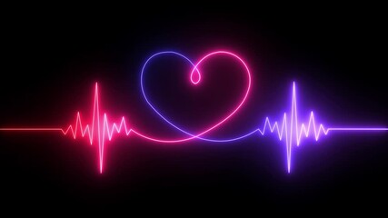 Bright red and  blue heart rate monitor electrocardiogram EKG or ECG looping background .Used in medical science on grid background.Heart Monitor Animation, double color glowing neon heartbeat  .