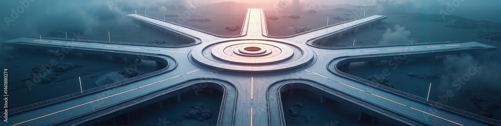 Poster aerial view of four transport corridors converging into a glowing circular hub amidst a minimalistic
