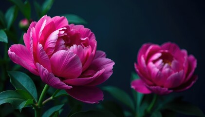 Obraz premium Bold large-scale peonies, lush greenery, dark backdrop, textile, illustration