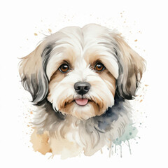 A detailed watercolor artwork featuring a small, fluffy dog with expressive eyes.