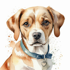 A detailed watercolor artwork depicting a beagle dog with a blue collar.