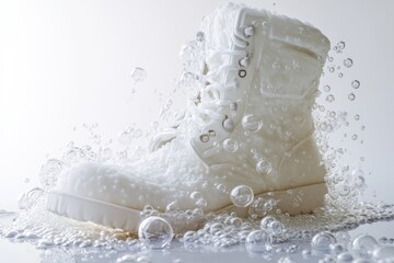 Realistic white foam boots with bubbles and splashes