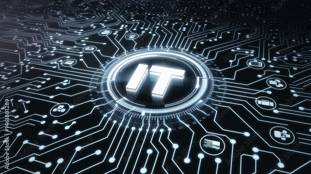 Poster 3d rendering of it letters on a circuit board background, symbolizing technology, innovation, and di