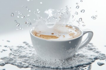Hyper-realistic coffee cup with white foam and bubbles