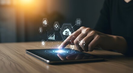 Concepto de inicio con icono de negocio y conexión de red en una interfaz virtual moderna desde una tableta digital. Hombre tocando la tableta.