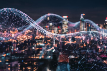 Obraz premium Abstract image of interconnected nodes over a blurred cityscape at night, representing global network, connection, and technological advancement