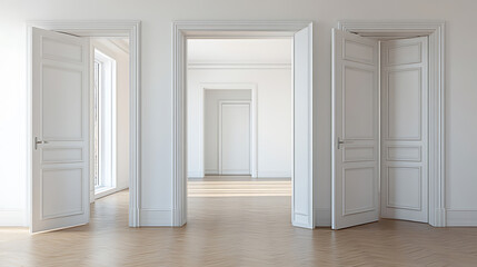 A series of white paneled doors, receding into the distance with light wooden floors throughout.