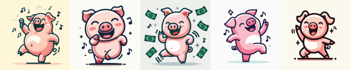 Vector of a cute little pig dancing happily