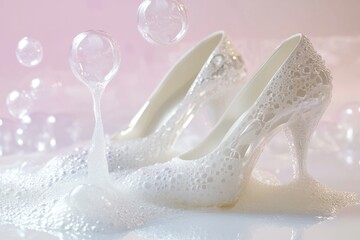 Realistic white foam high heels with bubbles and splashes
