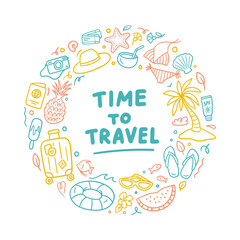 Frame with colorful doodles of vacation and traveling. Travel, tourism, and leisure-related design. Vector illustration isolated on a white background.