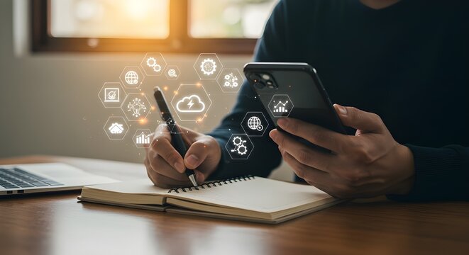Empresario trabajando en un proyecto de an&aacute;lisis FODA, analizando el balance del informe financiero de la empresa con gr&aacute;ficos de realidad aumentada en una oficina moderna. Concepto para negocios, eco