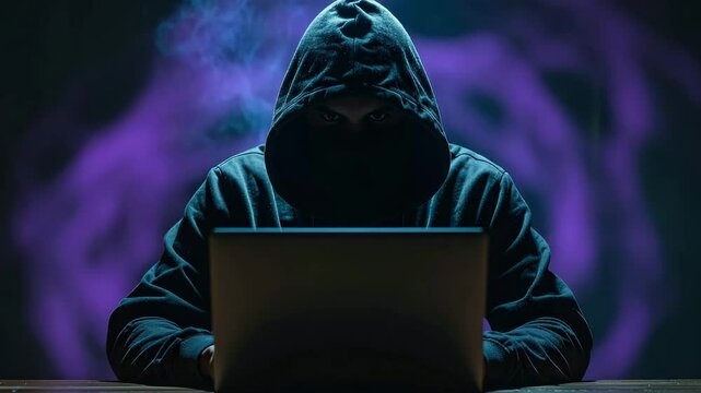 Hooded hacker immersed in dark technology, working on laptop, creates atmosphere of mystery and cyber intrigue.