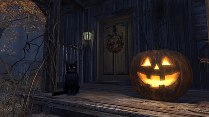 Halloween night: a black cat watches as a grinning jack-o'-lantern glows on a weathered porch.